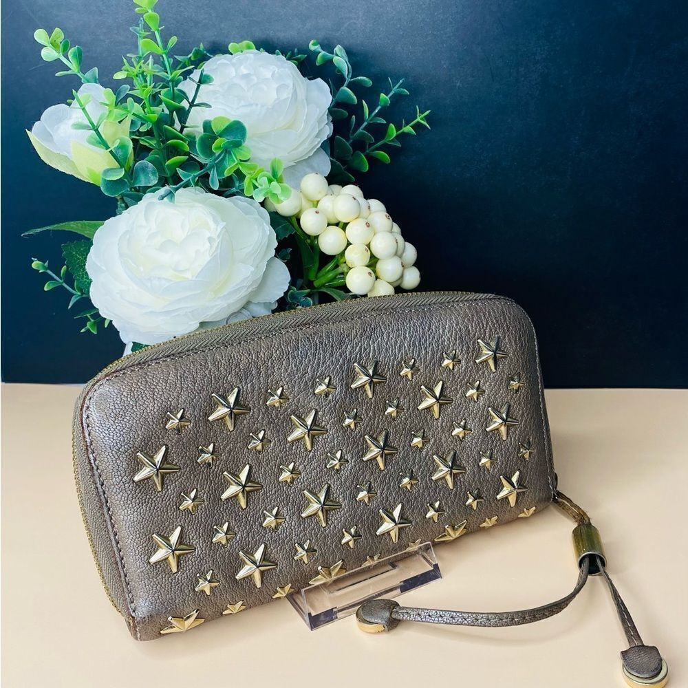 Jimmy Choo Taupe Gold Star-Studded Zip Around Long Wallet Authentic - Picture 6 of 17